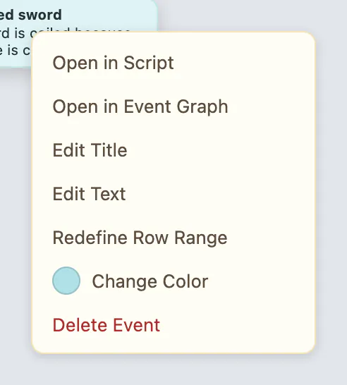 Event sleeve context menu with Open in Script, Open in Event Graph, Edit Title, Edit Text, Redefine Row Range, Change Color and Delete Event